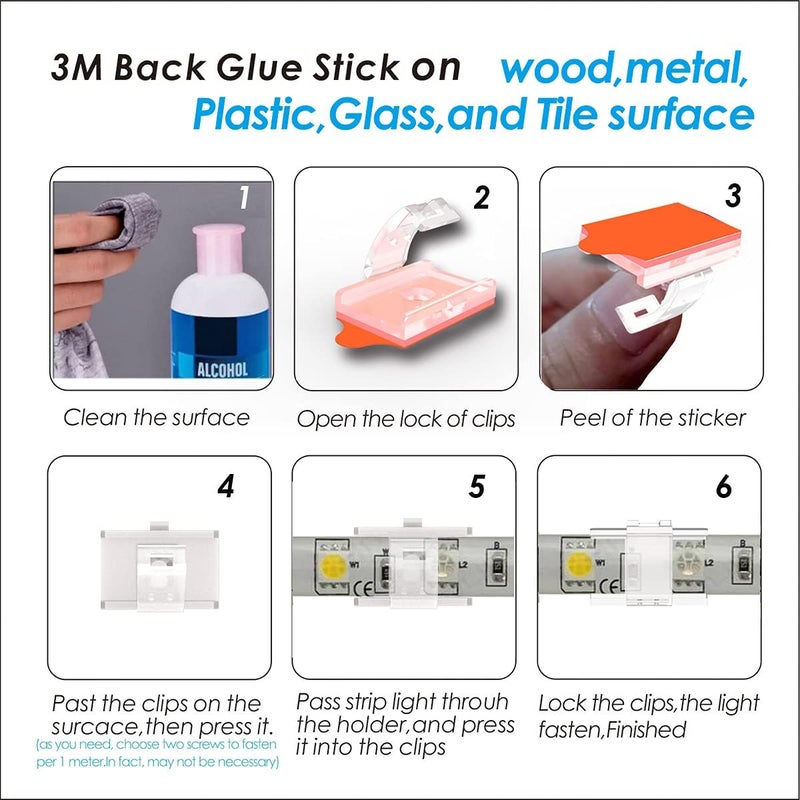 ATB - Double Installation LED Strip Light Mounting Brackets and Clips,Ideal for 12mm Wide IP65 Holder,Cable Wires Organizer Clips Vehicle,Cabinet,Under-Counter,Kitchen,Living Room (100PACK) Clear - Image 4